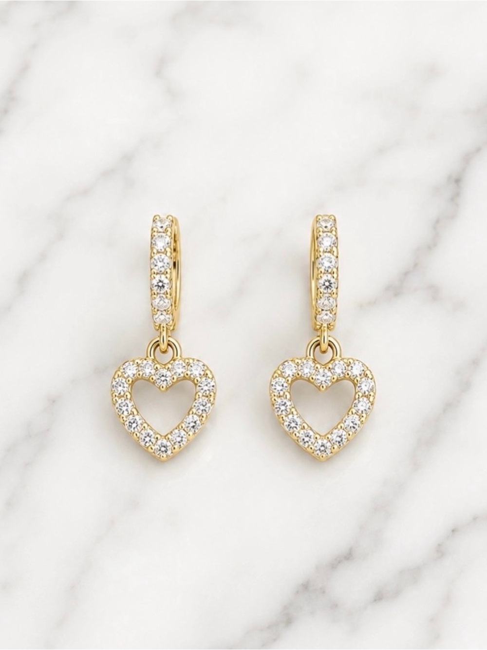 Gold Tone Heart Drop Hoop Earrings With White Rhinestones